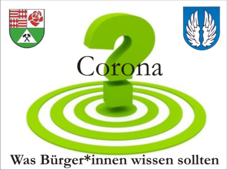 Das Bild zeigt ein Fragezeichen mit den Wappen des Landkreises Mansfeld Süharz und der Lutherstadt Eisleben. Es ist beschriftete mit Corona - Was Bürgerinnen wissen sollten